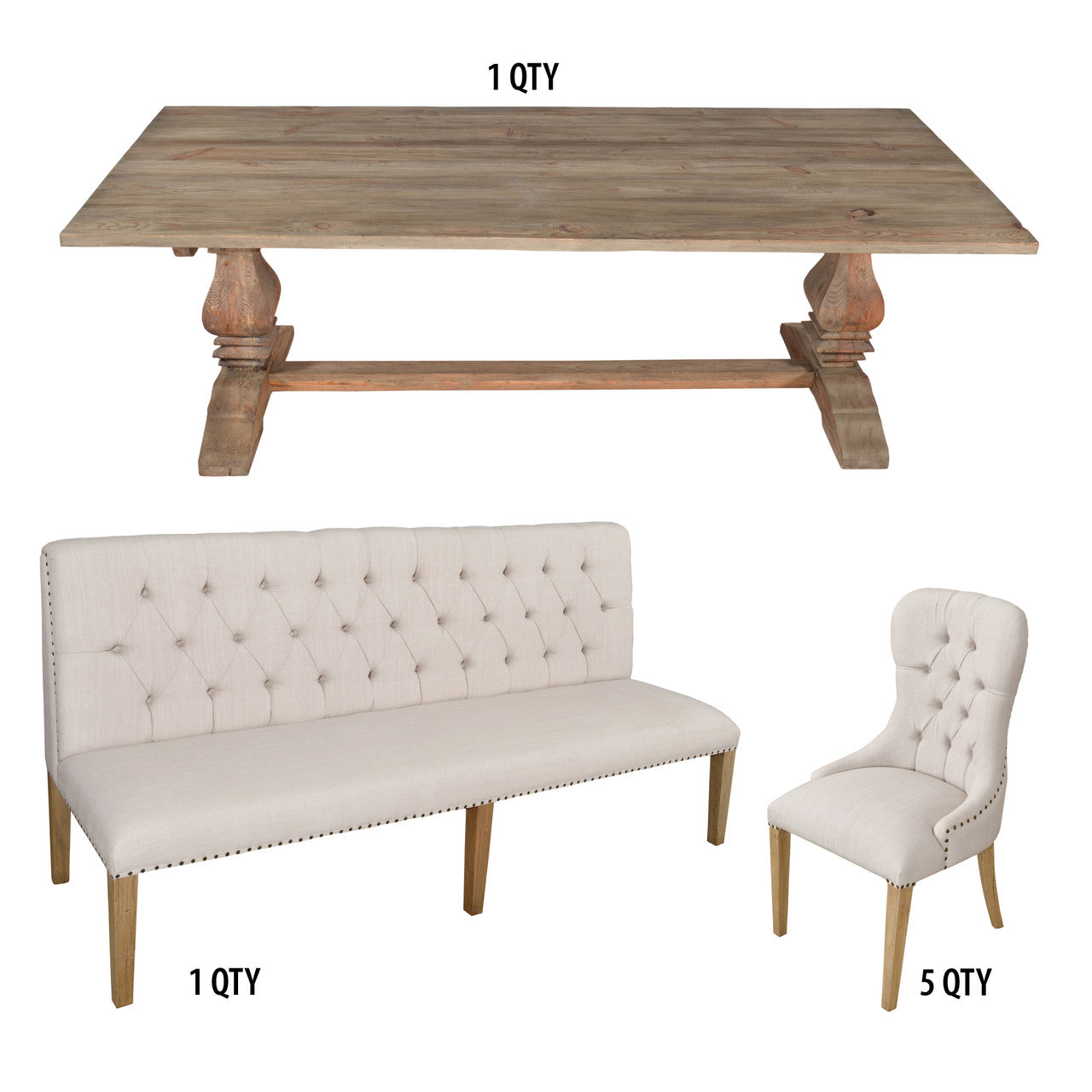 Inverness Farmhouse Bench Dining Table Set of 7