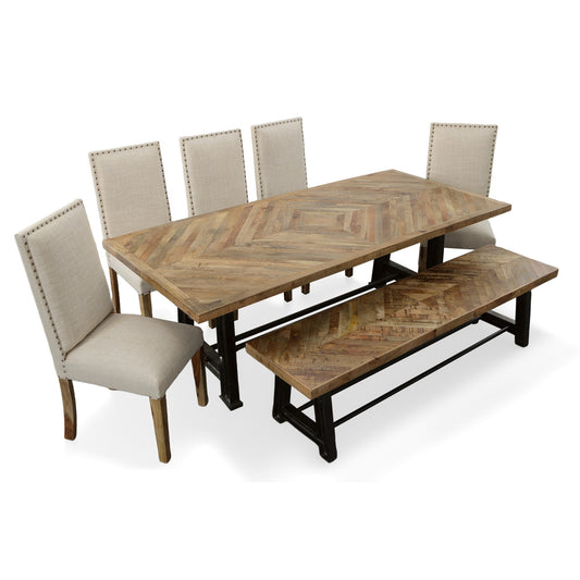 Wood and Industrial Iron Mango Parquet Dining Table Set of 7