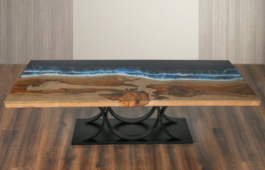 Artistic Floating Teak Table with Stainless Steel Base