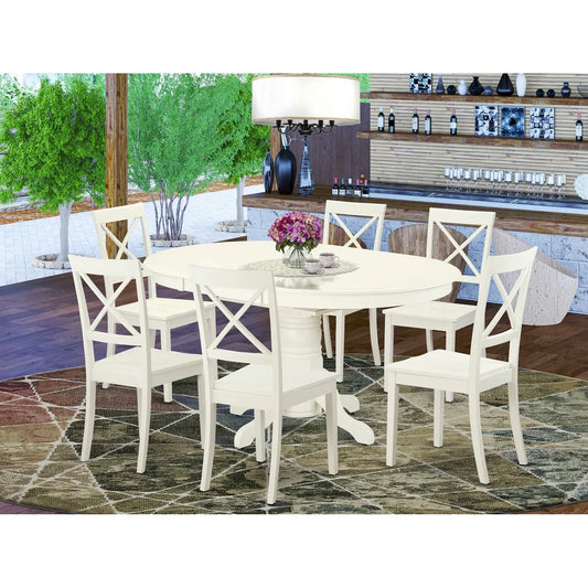 Dining Table Set Consist of an Oval Wooden Table with Butterfly Leaf and 6 Dining Room Chairs, 42x60 Inch, Linen White
