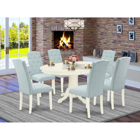 East West Furniture AVCE7-LWH-15 7 Piece Dinette Set Consist of an Oval Dining Room Table with Butterfly Leaf and 6 Baby Blue Linen Fabric Upholstered Chairs, 42x60 Inch, Linen White