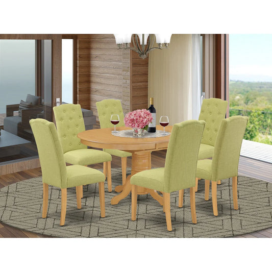 East West Furniture AVCE7-OAK-07 7 Piece Modern Dining Table Set Consist of an Oval Wooden Table with Butterfly Leaf and 6 Limelight Linen Fabric Parson Chairs, 42x60 Inch, Oak