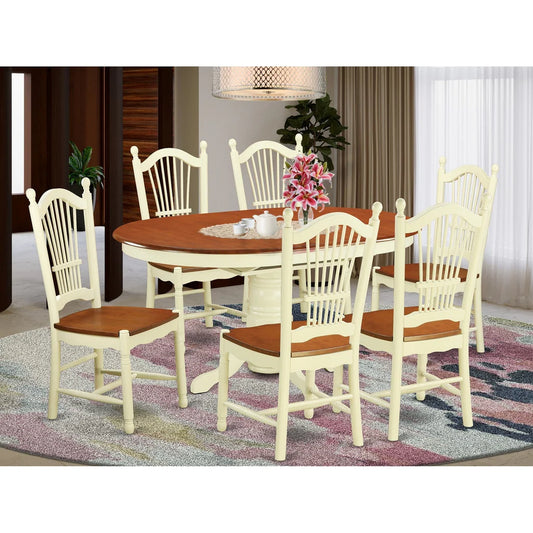 East West Furniture AVDO7-WHI-W 7 Piece Modern Dining Table Set Consist of an Oval Wooden Table with Butterfly Leaf and 6 Dining Chairs, 42x60 Inch, Buttermilk & Cherry