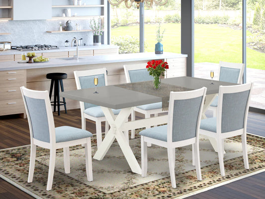 East West Furniture X097MZ015-7 7 Piece Dining Table Set Consist of a Rectangle Dining Room Table with X-Legs and 6 Baby Blue Linen Fabric Parsons Chairs, 40x72 Inch, Multi-Color