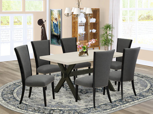 X626VE650-7 7Pc Dining Set - 36x60" Rectangular Table and 6 Parson Chairs - Wirebrushed Black & Linen White Color
