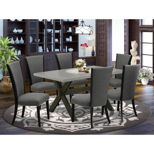 X696VE650-7 7Pc Dining Room Set - 36x60" Rectangular Table and 6 Parson Chairs - Wirebrushed Black & Cement Color
