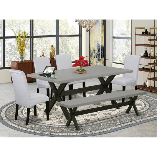 X697BA105-6 6Pc Dining Set - 40x72" Rectangular Table, 4 Parson Chairs and a Bench - Wirebrushed Black & Cement Color
