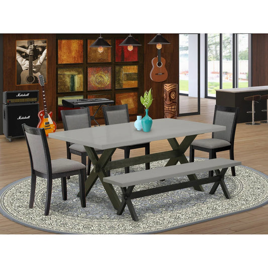 East West Furniture X697MZ650-6 6 Piece Dinette Set Contains a Rectangle Dining Table with X-Legs and 4 Dark Gotham Grey Linen Fabric Parson Chairs with a Bench, 40x72 Inch, Multi-Color