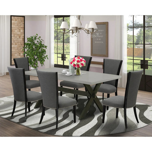 X697VE650-7 7Pc Dining Set - 40x72" Rectangular Table and 6 Parson Chairs - Wirebrushed Black & Cement Color