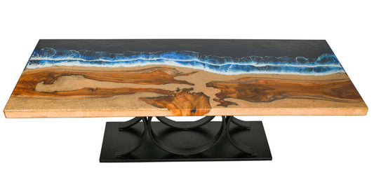 Artistic Floating Teak Table with Stainless Steel Base