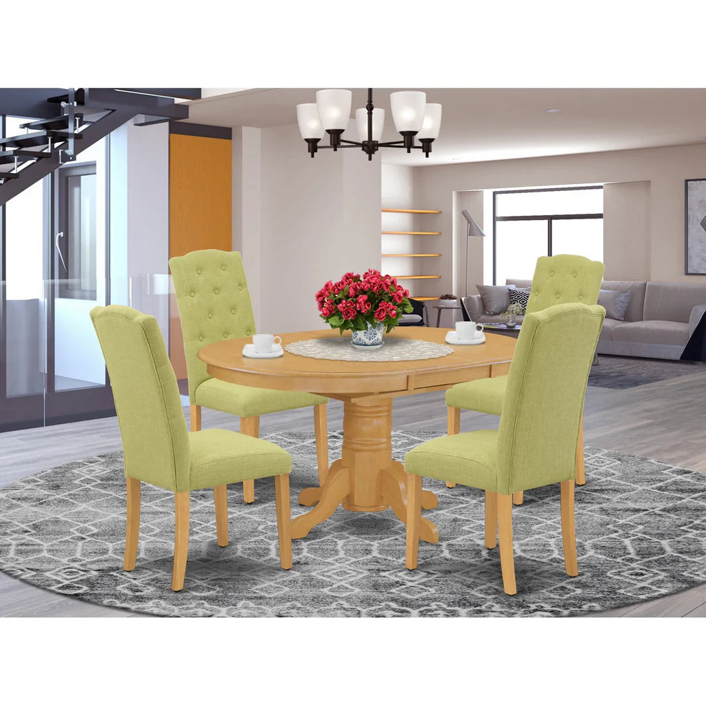 East West Furniture AVCE5-OAK-07 5 Piece Kitchen Table Set for 4 Includes an Oval Dining Room Table with Butterfly Leaf and 4 Limelight Linen Fabric Parsons Chairs, 42x60 Inch, Oak