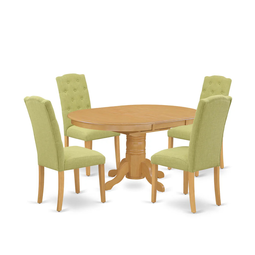 East West Furniture AVCE5-OAK-07 5 Piece Kitchen Table Set for 4 Includes an Oval Dining Room Table with Butterfly Leaf and 4 Limelight Linen Fabric Parsons Chairs, 42x60 Inch, Oak