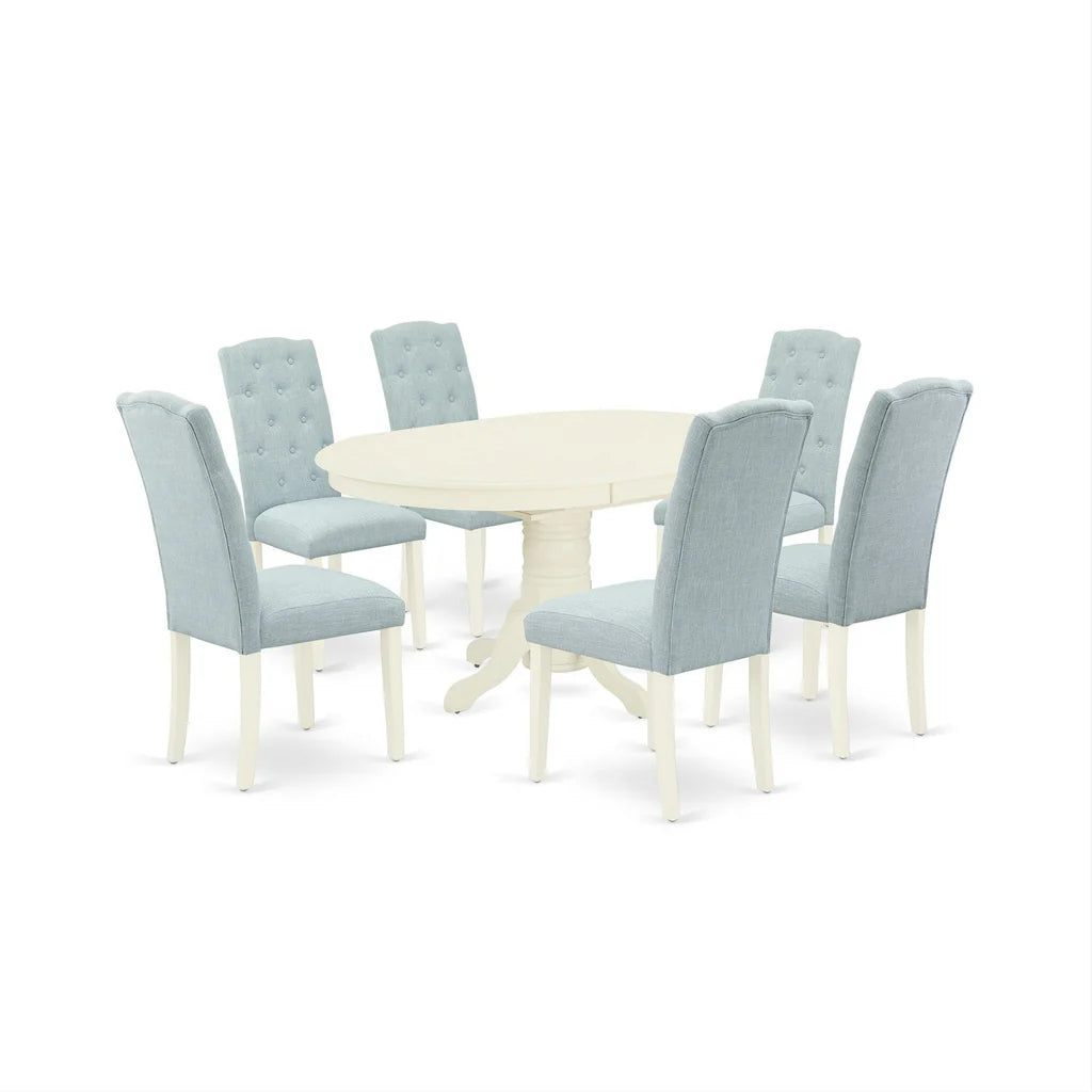 East West Furniture AVCE7-LWH-15 7 Piece Dinette Set Consist of an Oval Dining Room Table with Butterfly Leaf and 6 Baby Blue Linen Fabric Upholstered Chairs, 42x60 Inch, Linen White