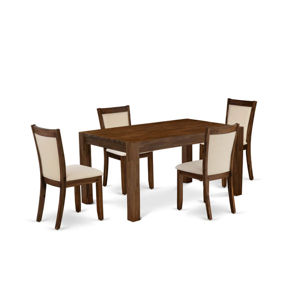 East West Furniture CNMZ5-NN-32 5 Piece Dining Set Includes a Rectangle Rustic Wood Dining Room Table and 4 Light Beige Linen Fabric Upholstered Chairs, 36x60 Inch, Walnut