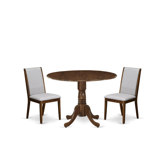 East West Furniture DLLA3-AWA-05 3 Piece Dining Room Table Set Includes a Round Wooden Table with Dropleaf and 2 Upholstered Chairs, 42x42 Inch, Antique Walnut