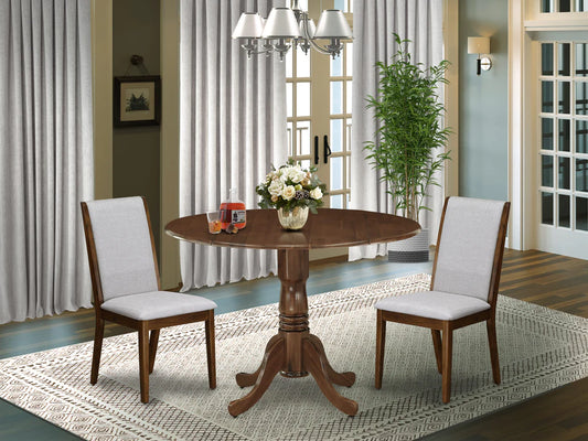 East West Furniture DLLA3-AWA-05 3 Piece Dining Room Table Set Includes a Round Wooden Table with Dropleaf and 2 Upholstered Chairs, 42x42 Inch, Antique Walnut