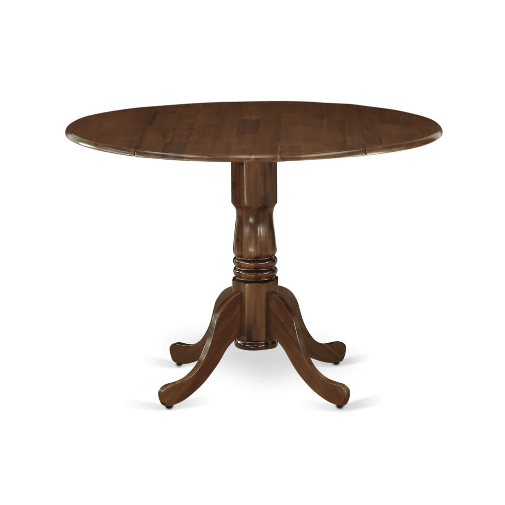 East West Furniture DLLA3-AWA-05 3 Piece Dining Room Table Set Includes a Round Wooden Table with Dropleaf and 2 Upholstered Chairs, 42x42 Inch, Antique Walnut