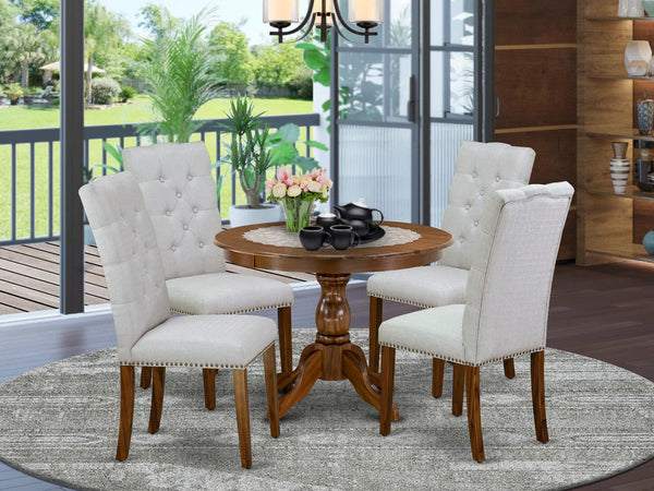 East West Furniture HBEL5-AWA-05 5 Piece Dining Set Includes a Round Dining Room Table with Pedestal and 4 Grey Linen Fabric Upholstered Chairs, 42x42 Inch, Walnut