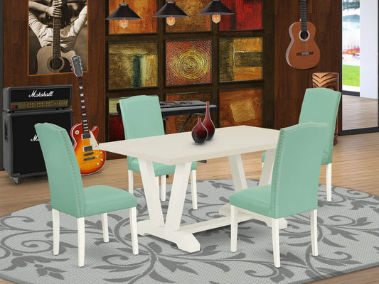 East West Furniture V026EN257-5 5 Piece Dining Room Furniture Set Includes a Rectangle Dining Table with V-Legs and 4 Pond Faux Leather Parsons Chairs, 36x60 / 40x72 Inch, Multi-Color