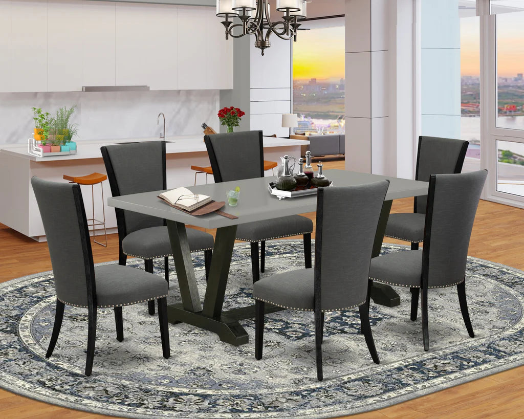 V697VE650-7 7Pc Kitchen Set - 40x72" Rectangular Table and 6 Parson Chairs - Wirebrushed Black & Cement Color