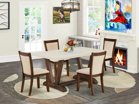 East West Furniture V726MZN32-5 5 Piece Dining Table Set Includes a Rectangle Kitchen Table with V-Legs and 4 Light Beige Linen Fabric Parson Dining Room Chairs, 36x60 Inch, Multi-Color