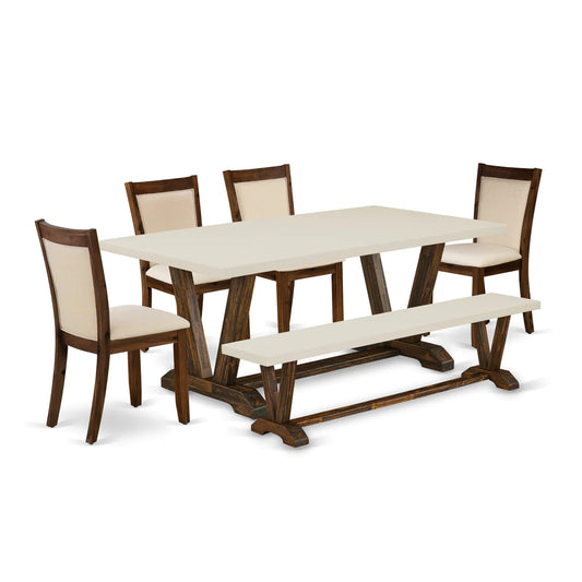 East West Furniture V727MZN32-6 6 Piece Dining Set Contains a Rectangle Dining Room Table with V-Legs and 4 Light Beige Linen Fabric Parson Chairs with a Bench, 40x72 Inch, Multi-Color