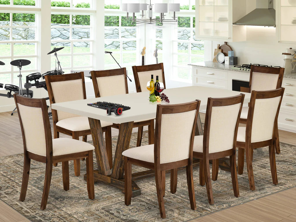 East West Furniture V727MZN32-9 9 Piece Dining Room Furniture Set Includes a Rectangle Dining Table with V-Legs and 8 Light Beige Linen Fabric Upholstered Chairs, 40x72 Inch, Multi-Color