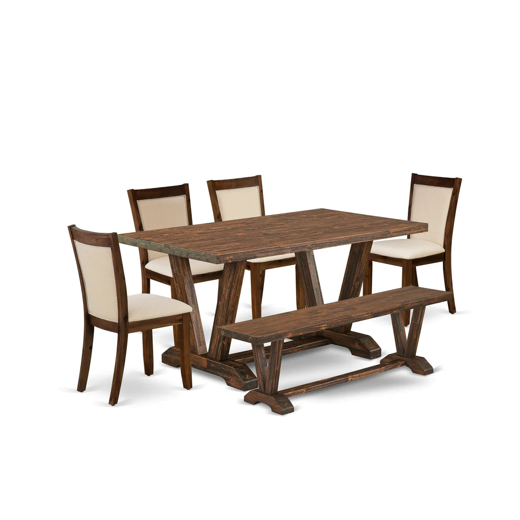 East West Furniture V776MZN32-6 6 Piece Dining Table Set Contains a Rectangle Wooden Table with V-Legs and 4 Light Beige Linen Fabric Parson Chairs with a Bench, 36x60 Inch, Multi-Color