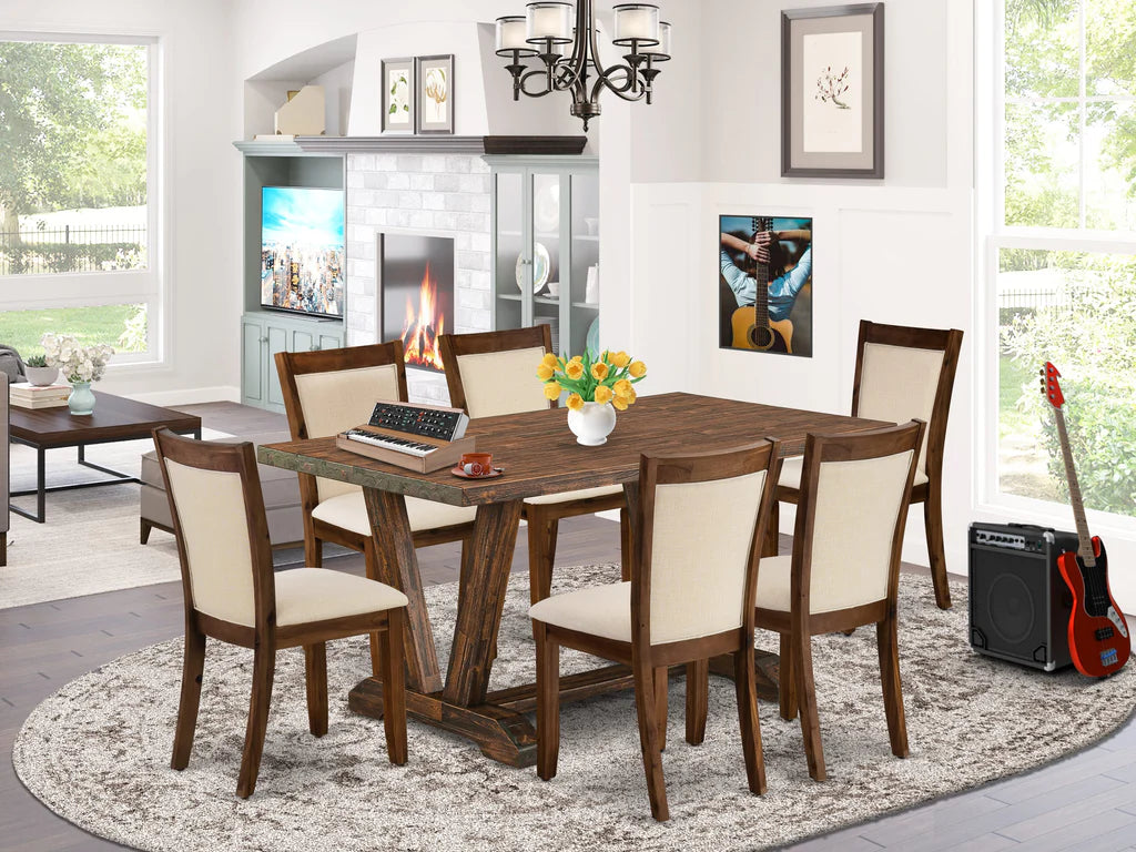 East West Furniture V776MZN32-7 7 Piece Dining Set Consist of a Rectangle Dining Room Table with V-Legs and 6 Light Beige Linen Fabric Upholstered Chairs, 36x60 Inch, Multi-Color