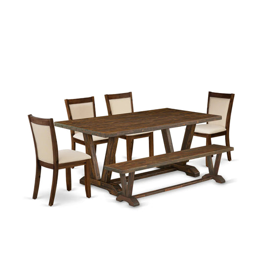 East West Furniture V777MZN32-6 6 Piece Dining Set Contains a Rectangle Dining Room Table with V-Legs and 4 Light Beige Linen Fabric Parson Chairs with a Bench, 40x72 Inch, Multi-Color