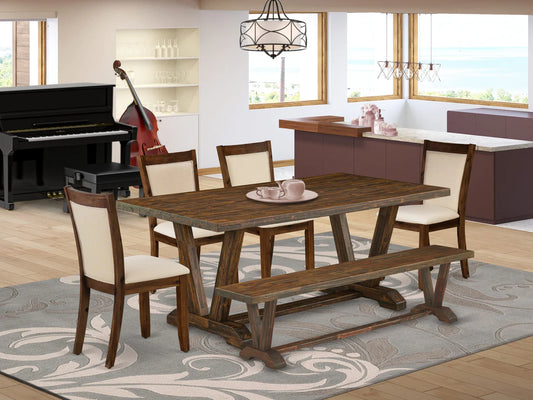 East West Furniture V777MZN32-6 6 Piece Dining Set Contains a Rectangle Dining Room Table with V-Legs and 4 Light Beige Linen Fabric Parson Chairs with a Bench, 40x72 Inch, Multi-Color