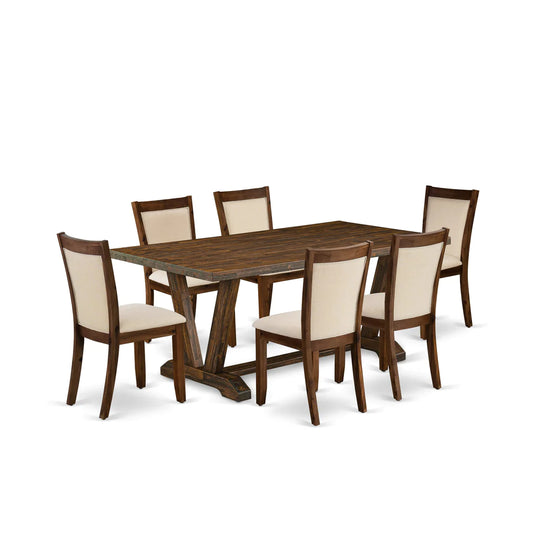 East West Furniture V777MZN32-7 7 Piece Dining Room Table Set Consist of a Rectangle Dining Table with V-Legs and 6 Light Beige Linen Fabric Upholstered Chairs, 40x72 Inch, Multi-Color