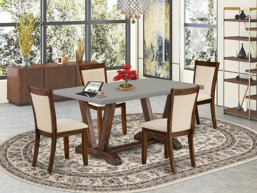 East West Furniture V796MZN32-5 5 Piece Dining Room Table Set Includes a Rectangle Kitchen Table with V-Legs and 4 Light Beige Linen Fabric Parsons Dining Chairs, 36x60 Inch, Multi-Color