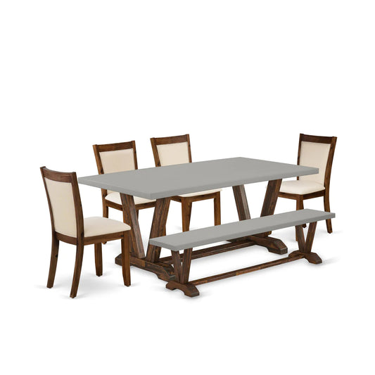 East West Furniture V797MZN32-6 6 Piece Dining Set Contains a Rectangle Dining Room Table with V-Legs and 4 Light Beige Linen Fabric Upholstered Chairs with a Bench, 40x72 Inch, Multi-Color