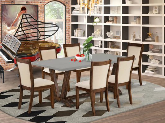 East West Furniture V797MZN32-7 7 Piece Modern Dining Table Set Consist of a Rectangle Wooden Table with V-Legs and 6 Light Beige Linen Fabric Parsons Dining Chairs, 40x72 Inch, Multi-Color