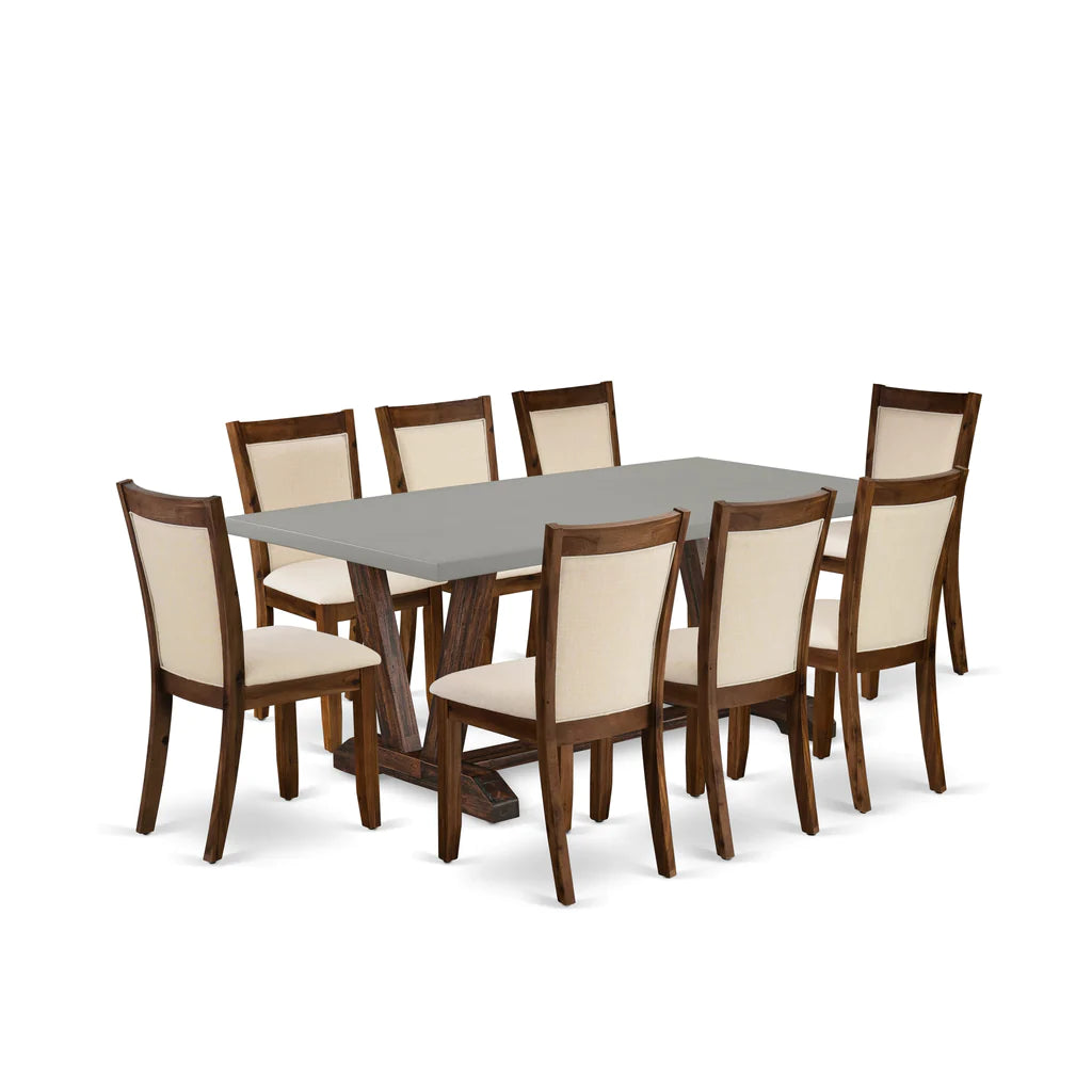 East West Furniture V797MZN32-9 9 Piece Dining Set Includes a Rectangle Dining Room Table with V-Legs and 8 Light Beige Linen Fabric Upholstered Parson Chairs, 40x72 Inch, Multi-Color