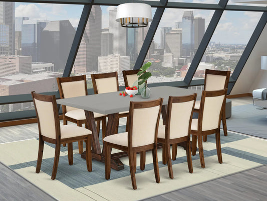 East West Furniture V797MZN32-9 9 Piece Dining Set Includes a Rectangle Dining Room Table with V-Legs and 8 Light Beige Linen Fabric Upholstered Parson Chairs, 40x72 Inch, Multi-Color