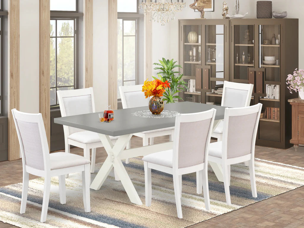 East West Furniture X097MZ001-7 7 Piece Modern Dining Table Set Consist of a Rectangle Wooden Table with X-Legs and 6 Cream Linen Fabric Parson Dining Chairs, 40x72 Inch, Multi-Color