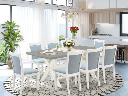 East West Furniture X097MZ015-9 9 Piece Dining Room Furniture Set Includes a Rectangle Dining Table with X-Legs and 8 Baby Blue Linen Fabric Parsons Chairs, 40x72 Inch, Multi-Color