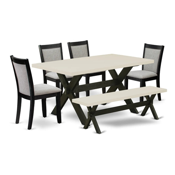 East West Furniture X626MZ606-6 6 Piece Dining Set Contains a Rectangle Dining Room Table with X-Legs and 4 Shitake Linen Fabric Upholstered Chairs with a Bench, 36x60 Inch, Multi-Color