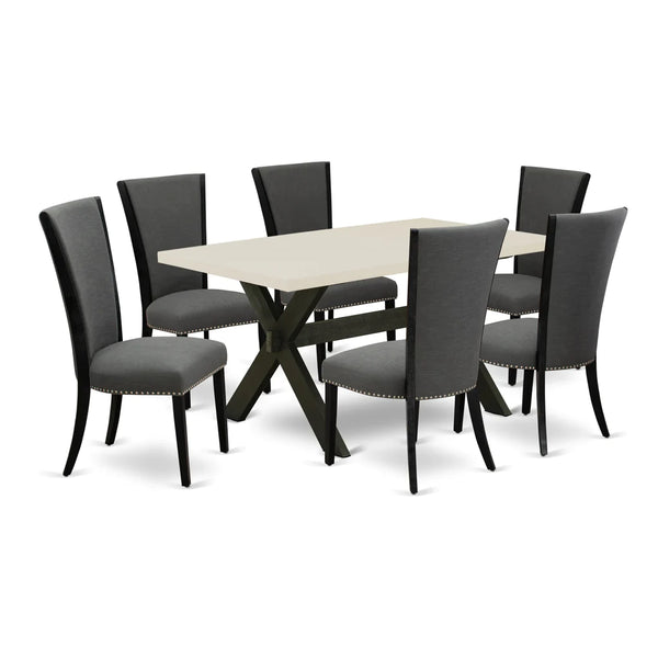X626VE650-7 7Pc Dining Set - 36x60 Rectangular Table and 6 Parson Chairs - Wirebrushed Black & Linen White Color