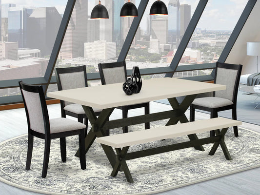 East West Furniture X627MZ606-6 6 Piece Dining Table Set Contains a Rectangle Dining Room Table with X-Legs and 4 Shitake Linen Fabric Parson Chairs with a Bench, 40x72 Inch, Multi-Color