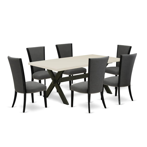 X627VE650-7 7Pc Dining Room Set - 40x72 Rectangular Table and 6 Parson Chairs - Wirebrushed Black & Linen White Color