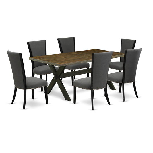 X677VE650-7 7Pc Dining Set - 40x72" Rectangular Table and 6 Parson Chairs - Wirebrushed Black & Distressed Jacobean Color