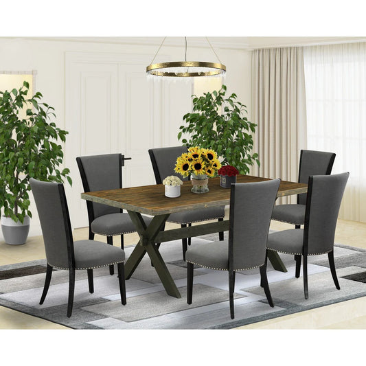 X677VE650-7 7Pc Dining Set - 40x72" Rectangular Table and 6 Parson Chairs - Wirebrushed Black & Distressed Jacobean Color