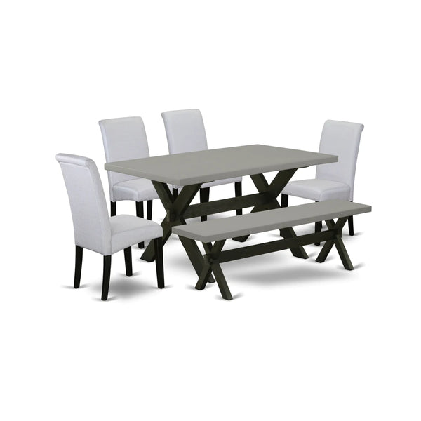 X696BA105-6 6Pc Dining Set - 36x60 Rectangular Table, 4 Parson Chairs and a Bench - Wirebrushed Black & Cement Color