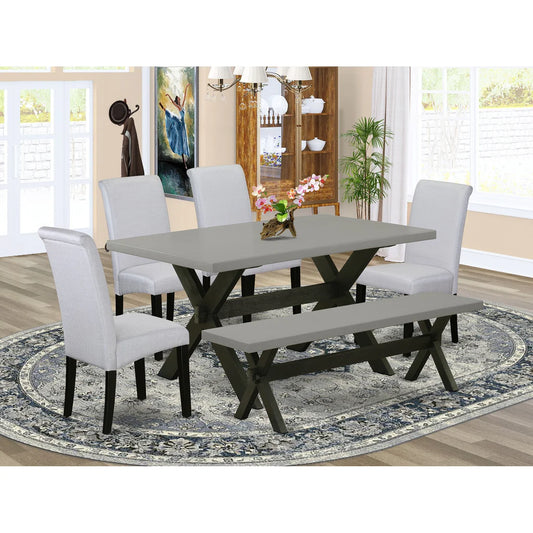 X696BA105-6 6Pc Dining Set - 36x60" Rectangular Table, 4 Parson Chairs and a Bench - Wirebrushed Black & Cement Color