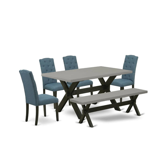X696CE121-6 6Pc Dining Room Set - 36x60" Rectangular Table, 4 Parson Chairs and a Bench - Wirebrushed Black & Cement Color