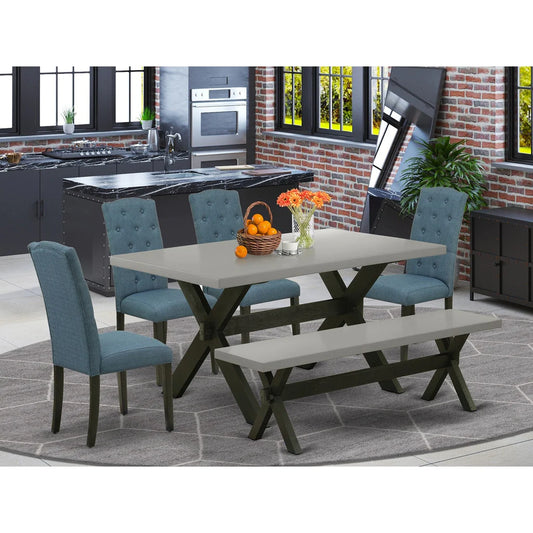 X696CE121-6 6Pc Dining Room Set - 36x60" Rectangular Table, 4 Parson Chairs and a Bench - Wirebrushed Black & Cement Color