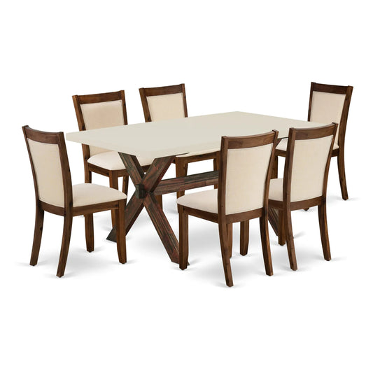 East West Furniture X726MZN32-7 7 Piece Dining Room Table Set Consist of a Rectangle Dining Table with X-Legs and 6 Light Beige Linen Fabric Upholstered Chairs, 36x60 Inch, Multi-Color